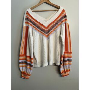 Free People White Multi-Colored Striped Copenhagen Waffle Knit Thermal Top XS